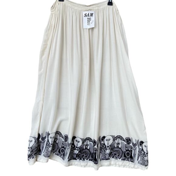 New Sam Hilu Womens Medium Free Size African Mask Boho Ivory Black Maxi Skirt - Picture 3 of 6